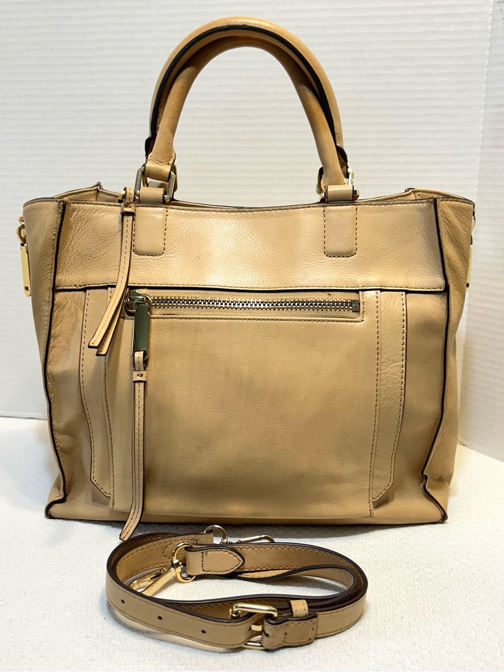 Vince Camuto Tan Parchment Genuine Leather Satchel Tote Shoulder Bag